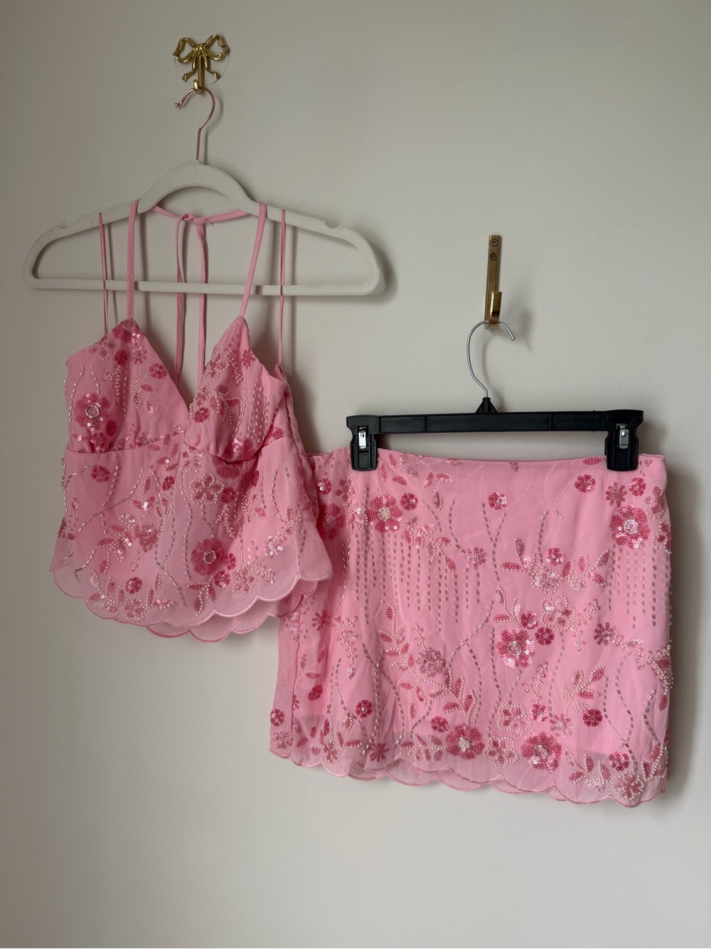 Pink beaded Sequins Floral halter top and Mini Skirt two piece set
